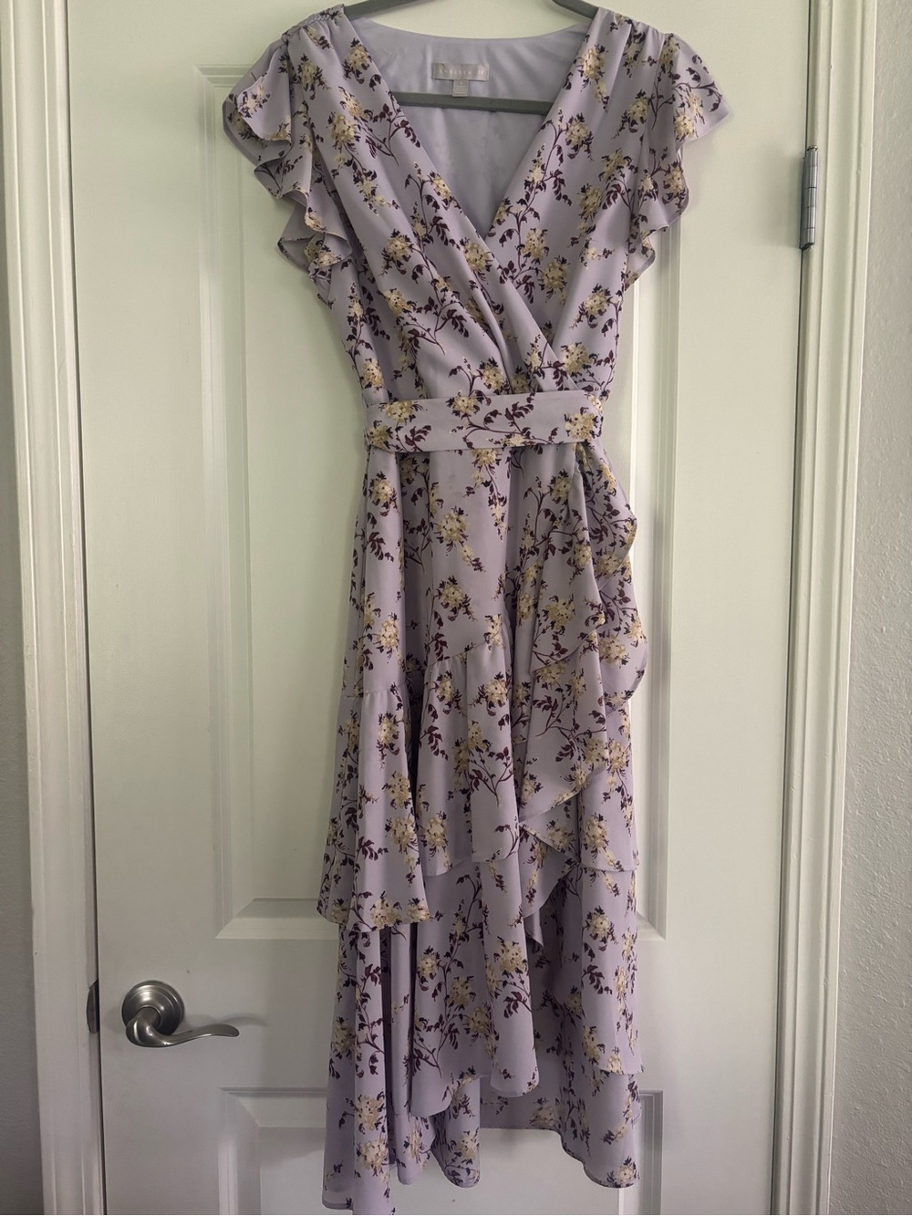 Chelsea28 Floral Lavender Midi Dress with Ruffle Details Size Small